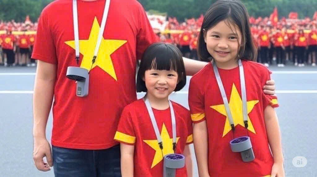 Ảnh thực tế: 3 bố con đeo quạt Tiross TS3422 trên cổ — sự kiện ngoài trời, trẻ em dùng an toàn